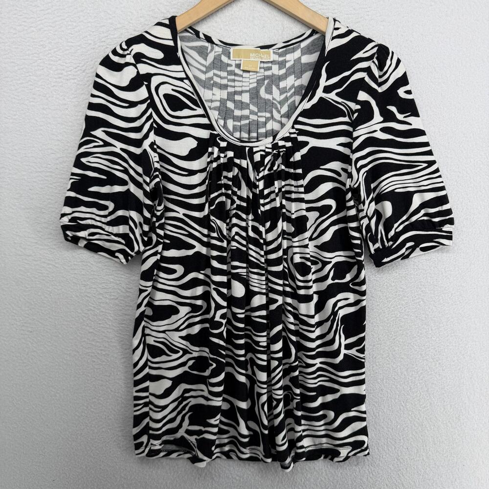 MICHAEL KORS Top Womens S Zebra Print Pleated Ribbed Cotton Black